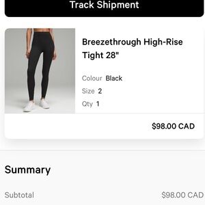 Lululemon breeze through tight size 2 black NWOT 28” inseam